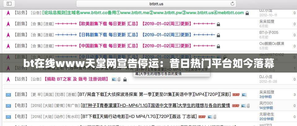 bt在线www天堂网宣告停运：昔日热门平台如今落幕