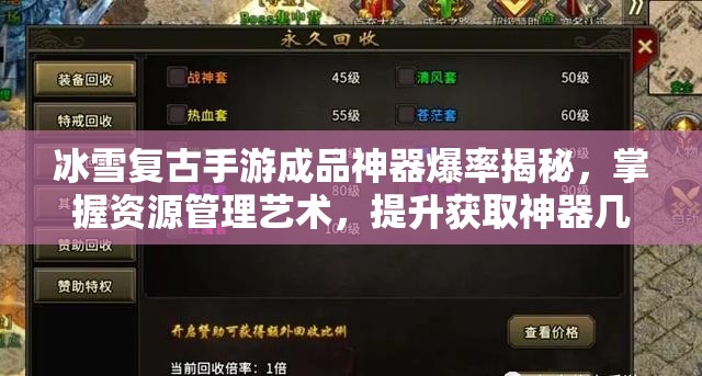 冰雪复古手游成品神器爆率揭秘，掌握资源管理艺术，提升获取神器几率