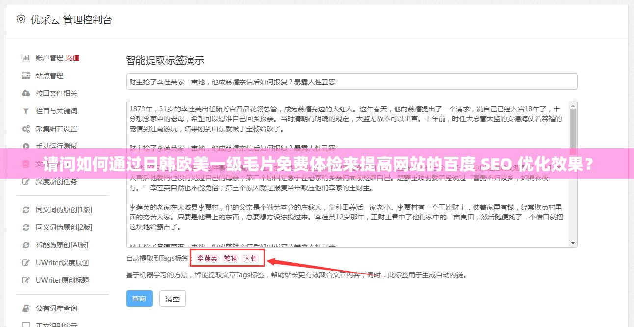 请问如何通过日韩欧美一级毛片免费体检来提高网站的百度 SEO 优化效果？